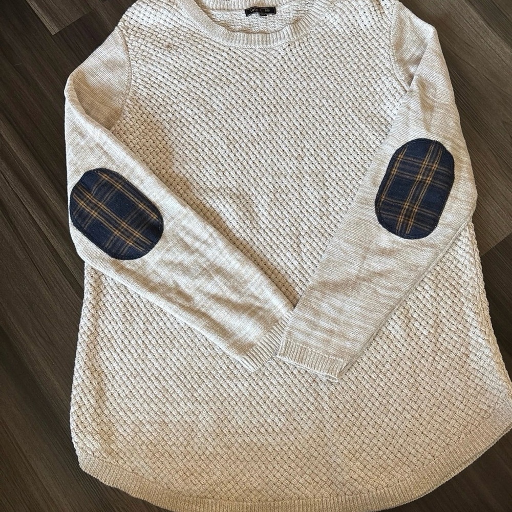 Cream Knit Sweater with Navy Plaid Elbow Patches